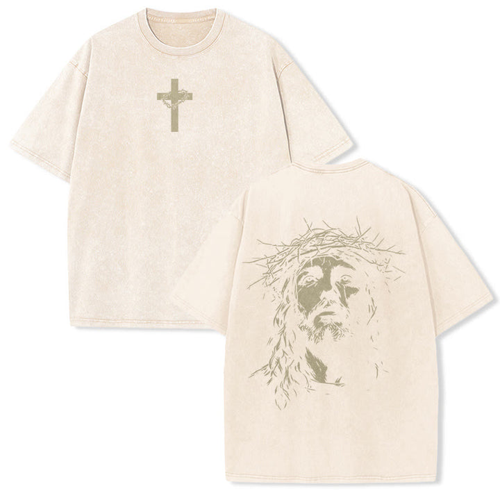 Christianartworkshop T-shirt unisexe délavé avec détail croix et couronne d'épines - Beige - 5XL - image 5