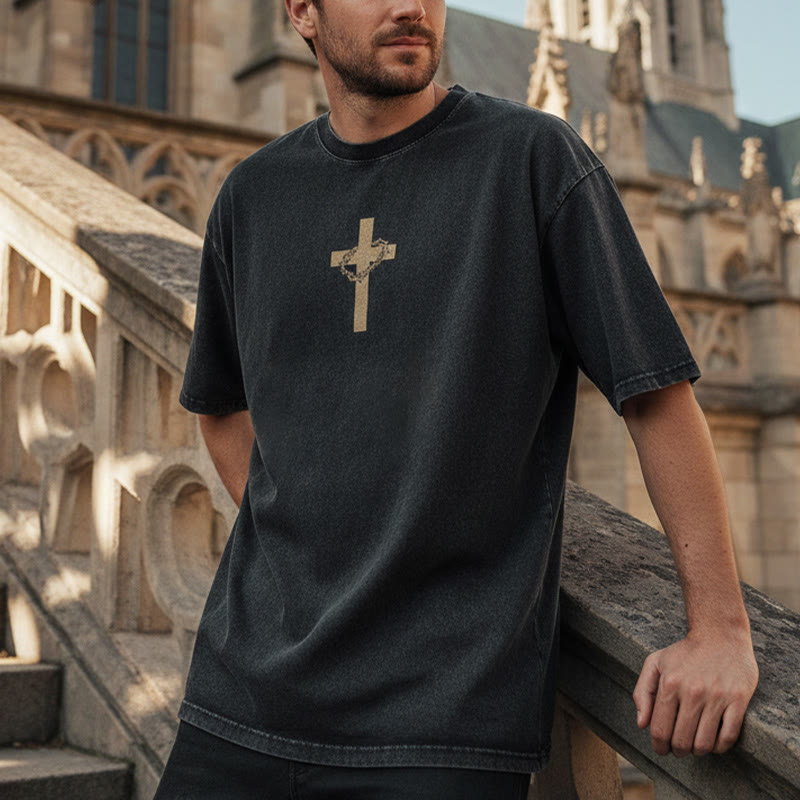 Christianartworkshop T-shirt unisexe délavé avec détail croix et couronne d'épines - image 1