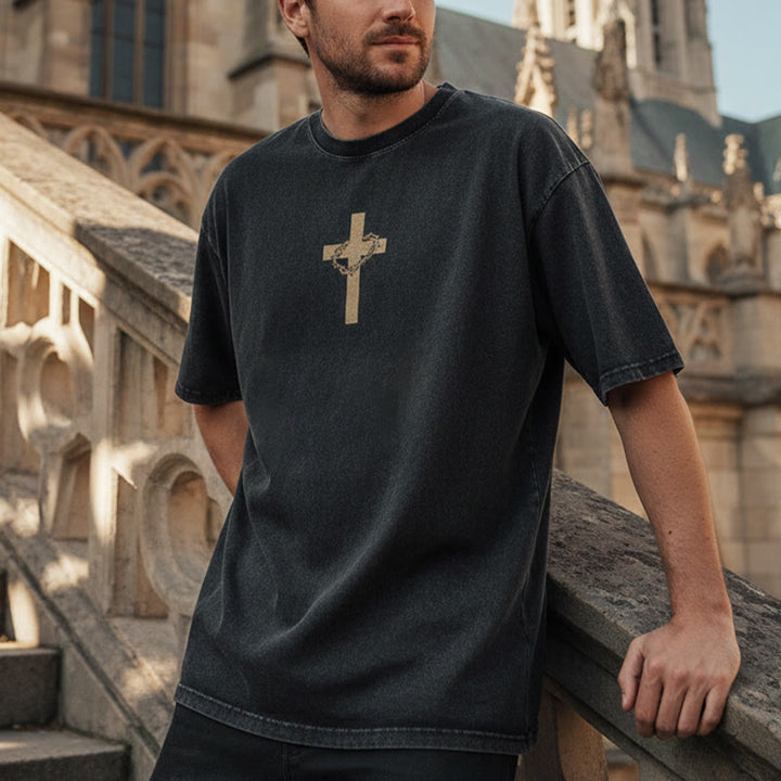 Christianartworkshop T-shirt unisexe délavé avec détail croix et couronne d'épines - image 1