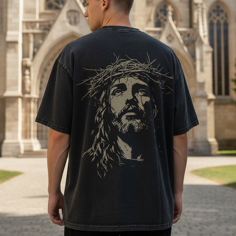 Christianartworkshop T-shirt unisexe délavé avec détail croix et couronne d'épines - image 0