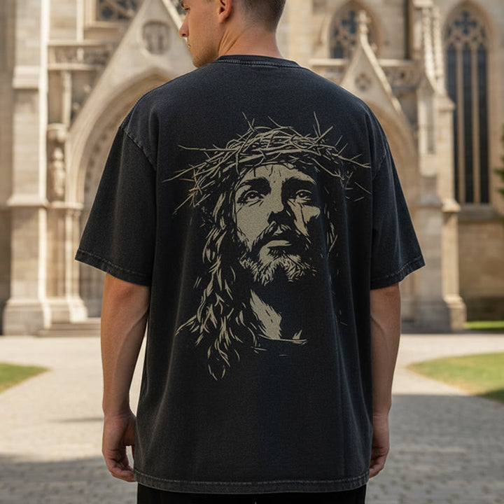 Christianartworkshop T-shirt unisexe délavé avec détail croix et couronne d'épines - image 0