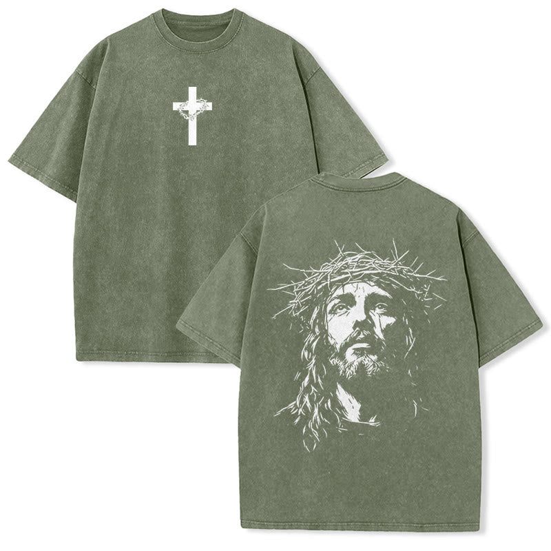 Christianartworkshop T-shirt unisexe délavé avec détail croix et couronne d'épines - Vert armée - 5XL - image 8