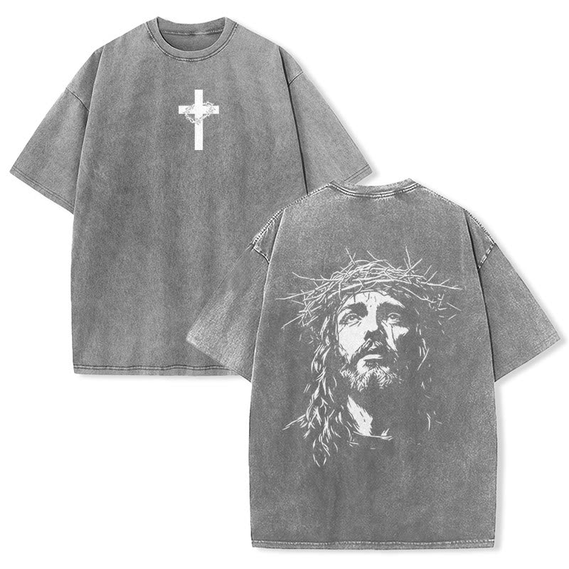 Christianartworkshop T-shirt unisexe délavé avec détail croix et couronne d'épines - Gris - 5XL - image 26