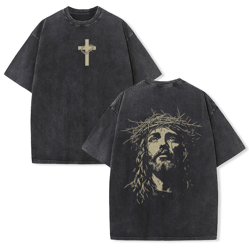 Christianartworkshop T-shirt unisexe délavé avec détail croix et couronne d'épines - Noir - 5XL - image 2