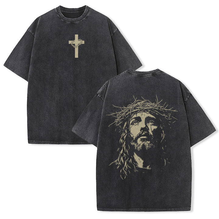 Christianartworkshop T-shirt unisexe délavé avec détail croix et couronne d'épines - Noir - 5XL - image 2