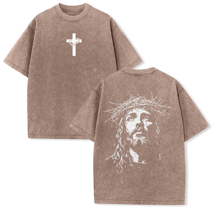 Christianartworkshop T-shirt unisexe délavé avec détail croix et couronne d'épines - Brun - 5XL - image 14