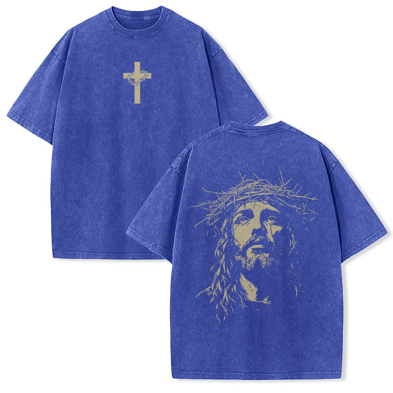 Christianartworkshop T-shirt unisexe délavé avec détail croix et couronne d'épines - Bleu - 5XL - image 23