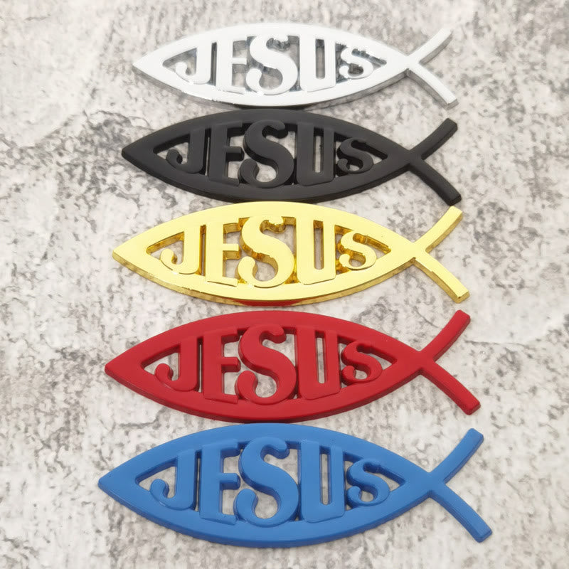 Christianartworkshop Autocollant de voiture en forme de poisson Ichthys avec le symbole de Jésus en relief : un symbole de foi inébranlable et de protection divine - Ensemble de 5 couleurs - image 0