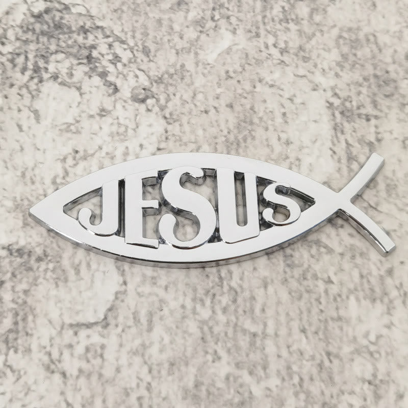 Christianartworkshop Autocollant de voiture en forme de poisson Ichthys avec le symbole de Jésus en relief : un symbole de foi inébranlable et de protection divine - Argent - image 1