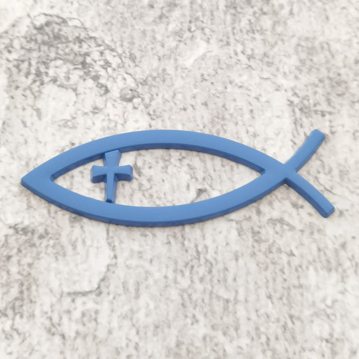 Christianartworkshop Autocollant de voiture Croix encastrée avec cadre en forme de poisson creux Ichthys : Symbole de foi inébranlable et de protection du voyage - Bleu - image 5