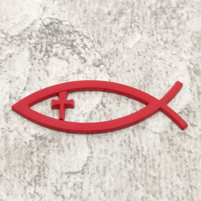 Christianartworkshop Autocollant de voiture Croix encastrée avec cadre en forme de poisson creux Ichthys : Symbole de foi inébranlable et de protection du voyage - Rouge - image 2