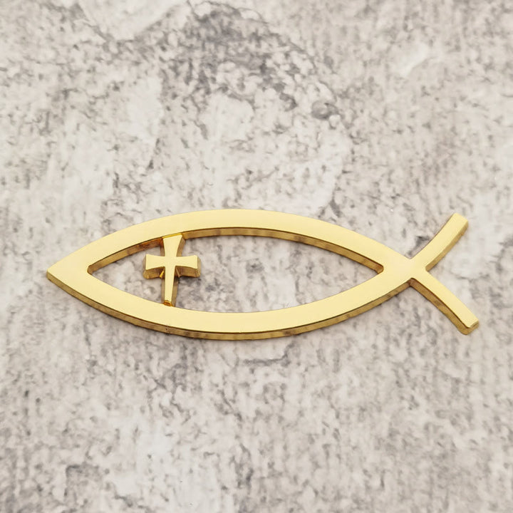 Christianartworkshop Autocollant de voiture Croix encastrée avec cadre en forme de poisson creux Ichthys : Symbole de foi inébranlable et de protection du voyage - Doré - image 4