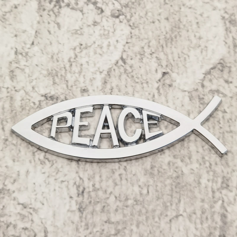 Christianartworkshop Autocollant de voiture avec le mot PAIX en relief et un cadre creux en forme de poisson Ichthys : symbole de tranquillité céleste et de conduite sûre - Argent - image 1
