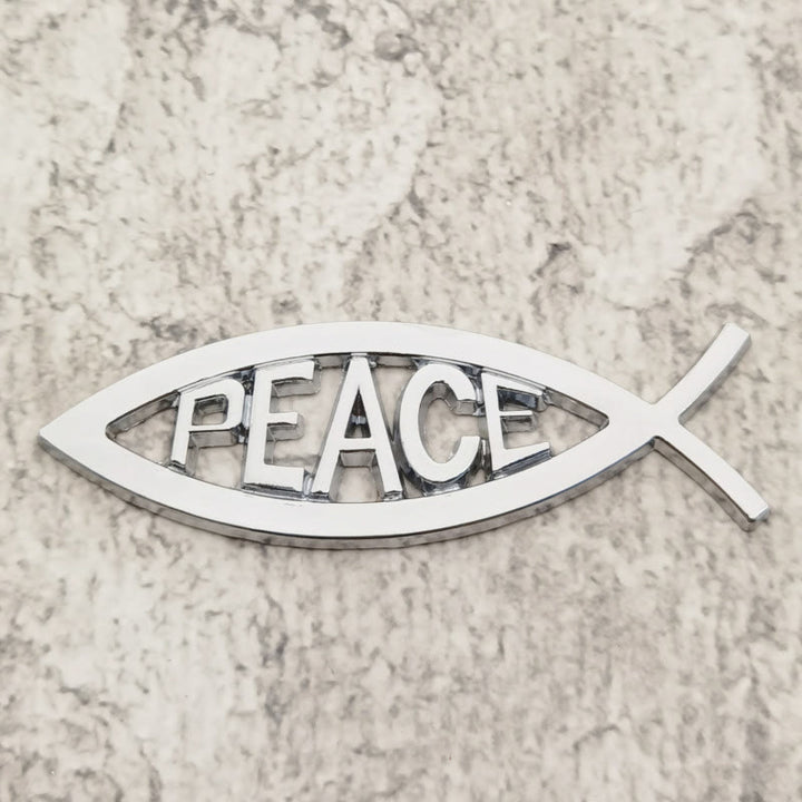 Christianartworkshop Autocollant de voiture avec le mot PAIX en relief et un cadre creux en forme de poisson Ichthys : symbole de tranquillité céleste et de conduite sûre - Argent - image 1