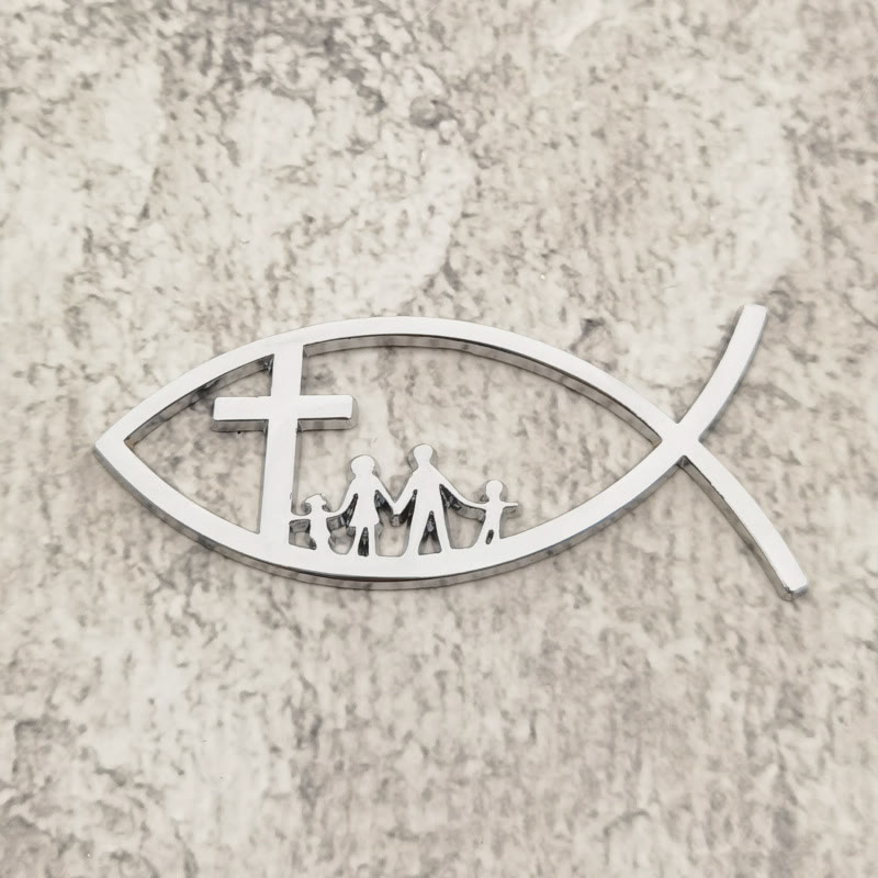 Christianartworkshop Autocollant de voiture Ichthys Hollow Fish avec croix et silhouette de famille : symbole de bénédiction familiale et de protection divine - Argent - image 1