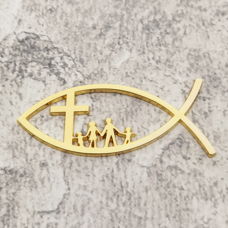Christianartworkshop Autocollant de voiture Ichthys Hollow Fish avec croix et silhouette de famille : symbole de bénédiction familiale et de protection divine - Doré - image 4