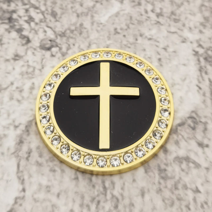 Christianartworkshop Autocollant de voiture en forme de croix circulaire en relief ornée de strass : symbole de grâce divine et de protection tout au long du voyage - Doré et noir - image 3