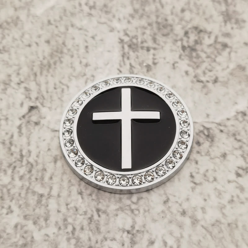 Christianartworkshop Autocollant de voiture en forme de croix circulaire en relief ornée de strass : symbole de grâce divine et de protection tout au long du voyage - Argent et noir - image 1