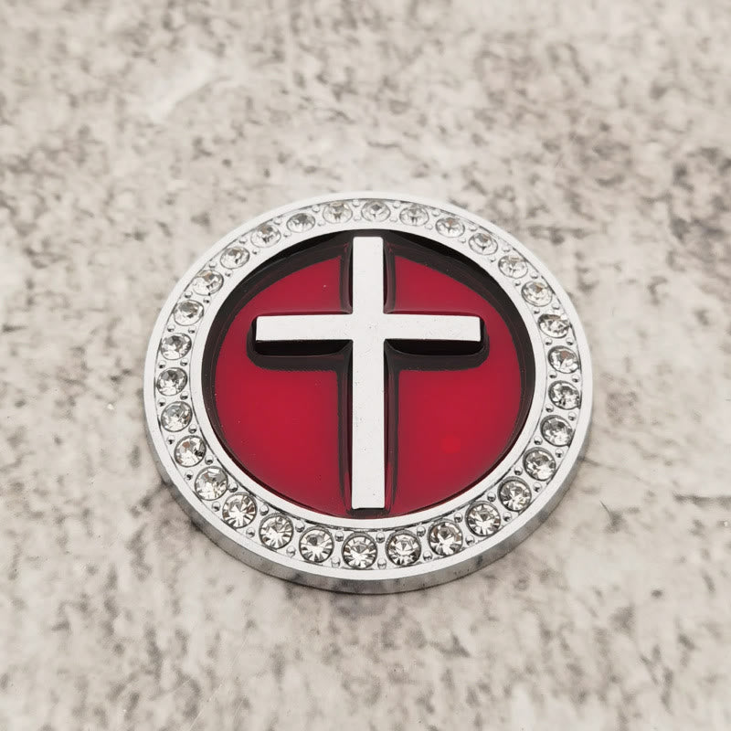 Christianartworkshop Autocollant de voiture en forme de croix circulaire en relief ornée de strass : symbole de grâce divine et de protection tout au long du voyage - Argent et rouge - image 2