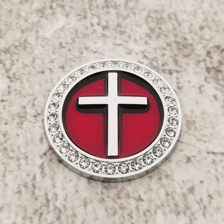 Christianartworkshop Autocollant de voiture en forme de croix circulaire en relief ornée de strass : symbole de grâce divine et de protection tout au long du voyage - Argent et rouge - image 2