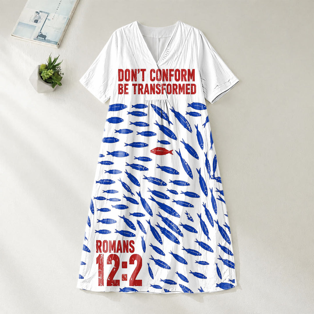 Christianartworkshop « Ne vous conformez pas, soyez transformés » Romains 12:2 Robe midi à manches courtes et col en V à imprimé poisson - image 1