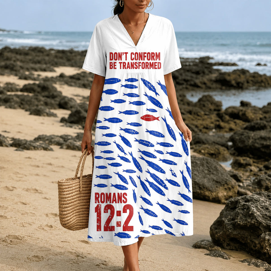 Christianartworkshop « Ne vous conformez pas, soyez transformés » Romains 12:2 Robe midi à manches courtes et col en V à imprimé poisson - 4XL - image 0