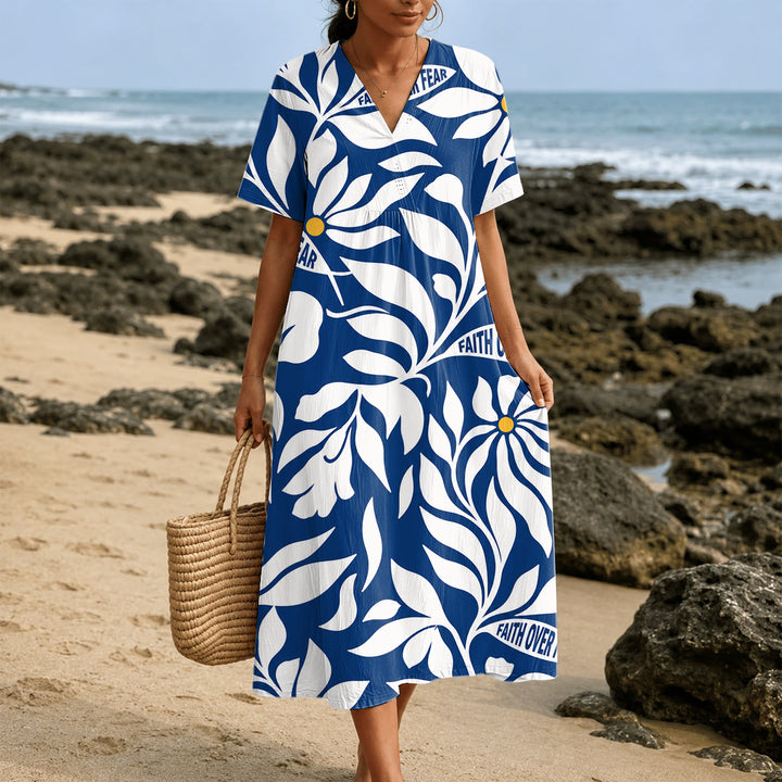 Christianartworkshop Robe midi à manches courtes et col en V à imprimé floral tropical « La foi plutôt que la peur » - 4XL - image 1
