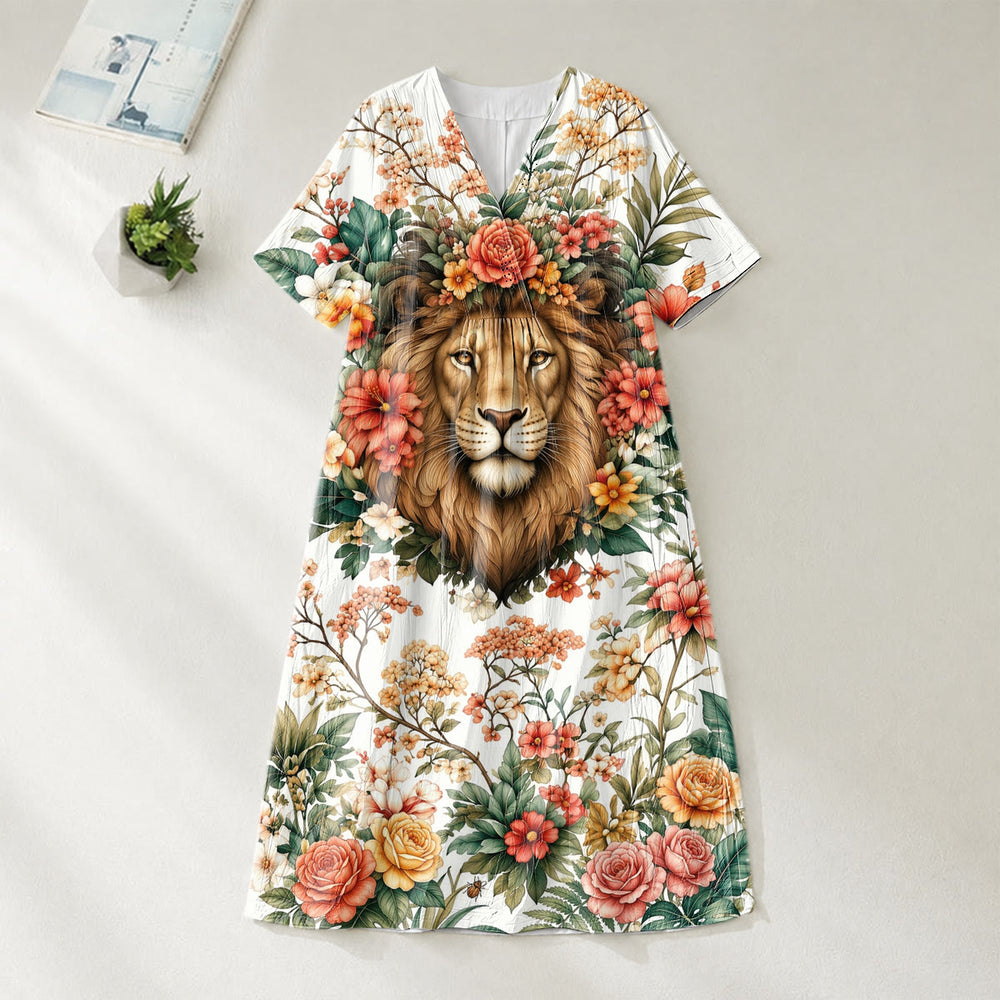 Christianartworkshop Robe midi à manches courtes et col en V ornée d'une couronne florale « Lion de Juda » - image 1