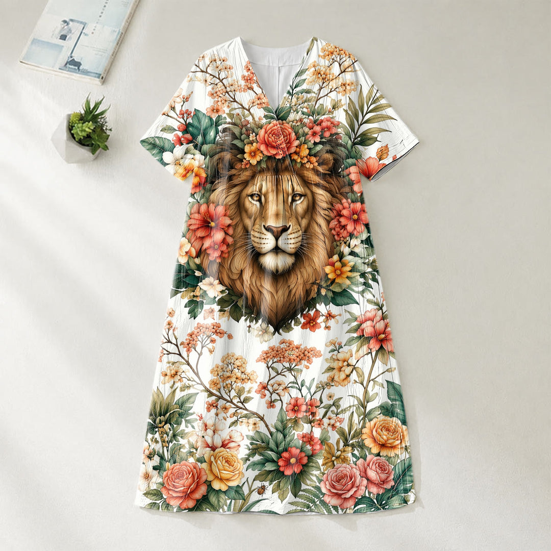 Christianartworkshop Robe midi à manches courtes et col en V ornée d'une couronne florale « Lion de Juda » - image 1
