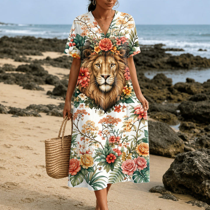 Christianartworkshop Robe midi à manches courtes et col en V ornée d'une couronne florale « Lion de Juda » - 4XL - image 0