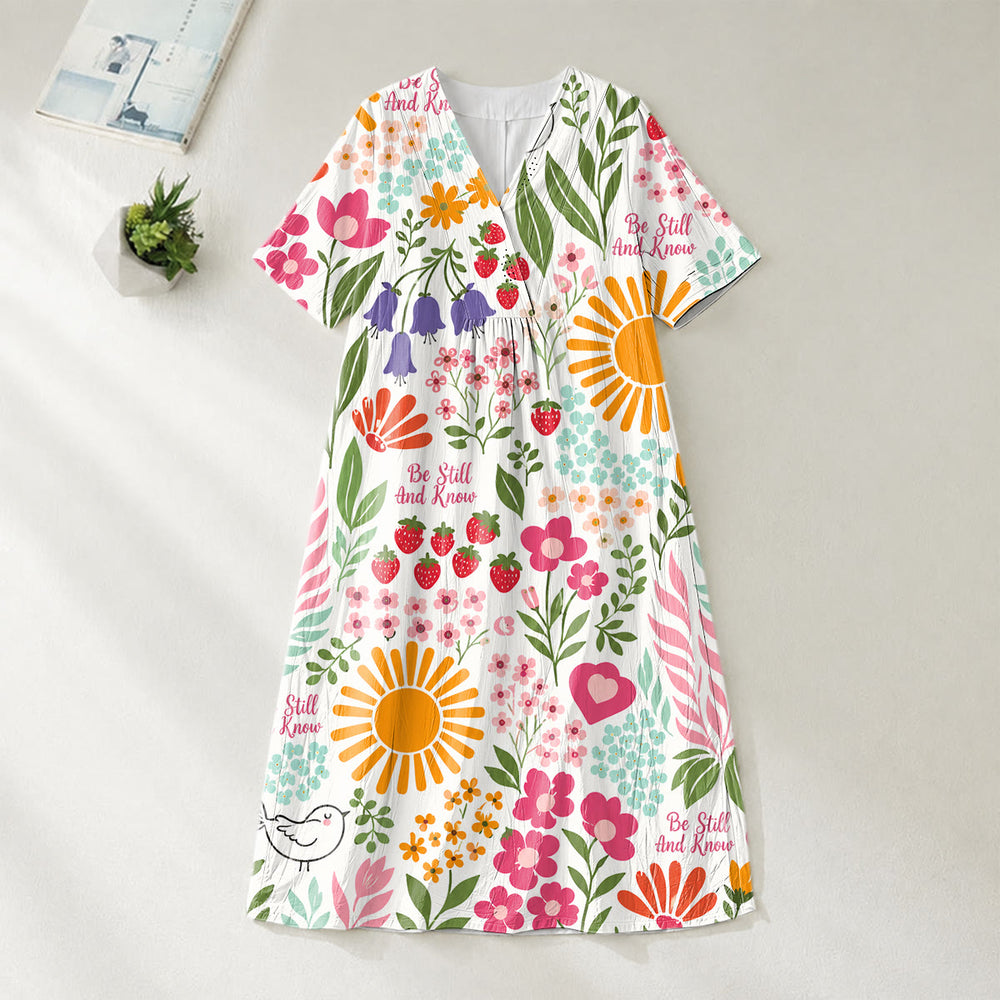 Christianartworkshop Robe midi à manches courtes et col en V à imprimé floral et soleil « Be Still And Know » - image 1