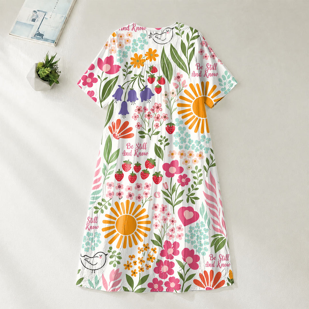 Christianartworkshop Robe midi à manches courtes et col en V à imprimé floral et soleil « Be Still And Know » - image 3