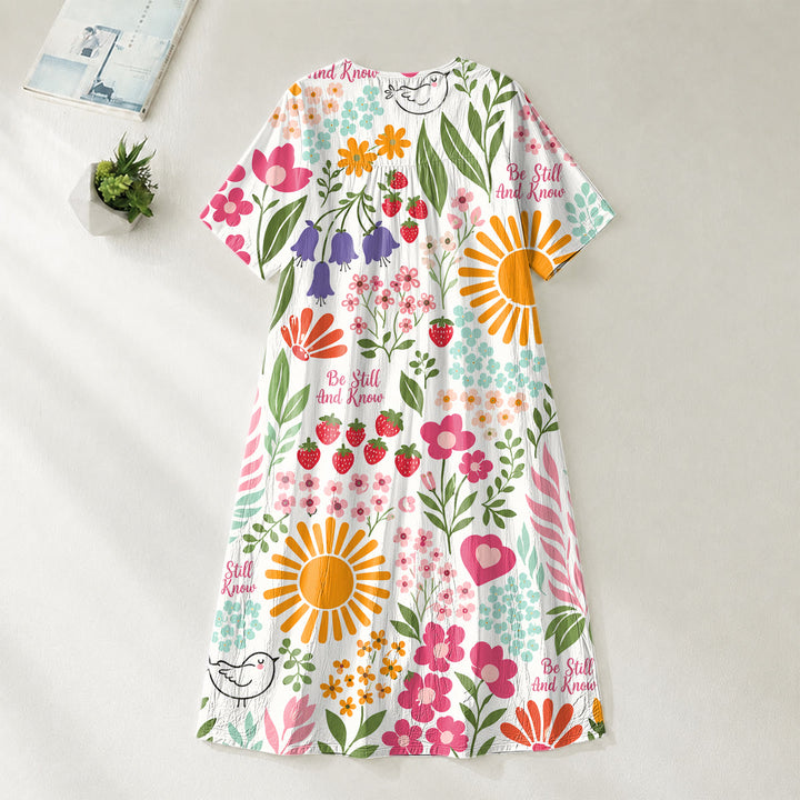 Christianartworkshop Robe midi à manches courtes et col en V à imprimé floral et soleil « Be Still And Know » - image 3