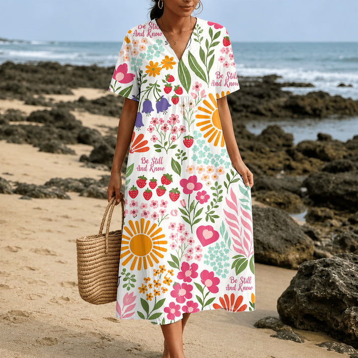 Christianartworkshop Robe midi à manches courtes et col en V à imprimé floral et soleil « Be Still And Know » - 4XL - image 0