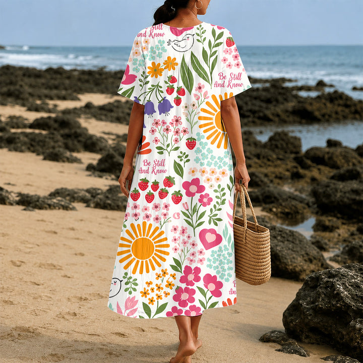 Christianartworkshop Robe midi à manches courtes et col en V à imprimé floral et soleil « Be Still And Know » - image 2