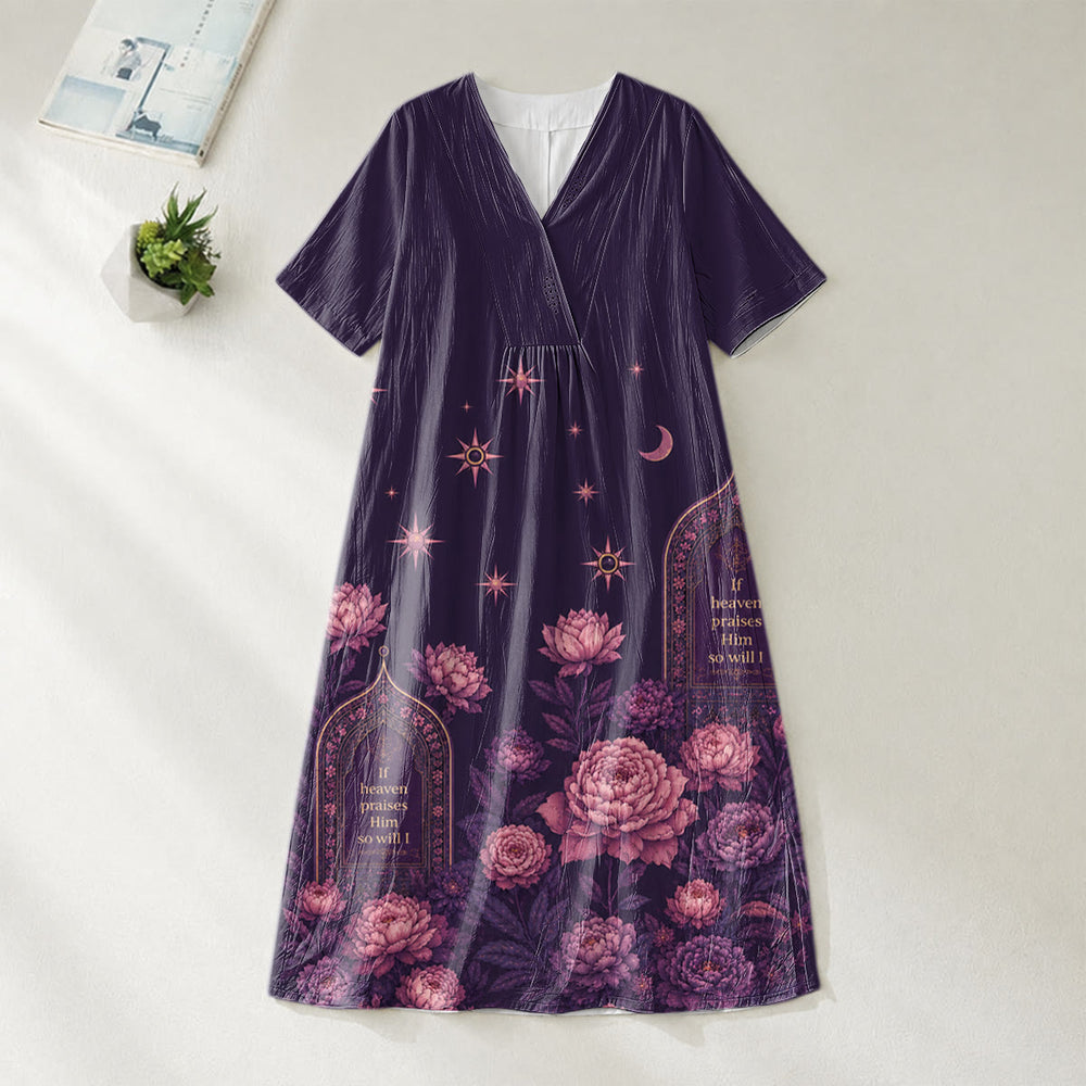 Christianartworkshop Robe midi à manches courtes et col en V « Si le Ciel le loue » Pivoine Céleste - image 1