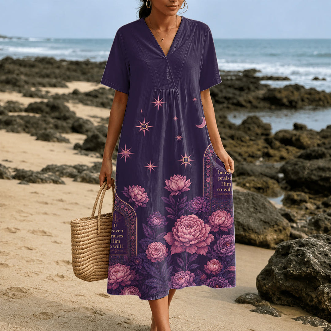 Christianartworkshop Robe midi à manches courtes et col en V « Si le Ciel le loue » Pivoine Céleste - 4XL - image 0