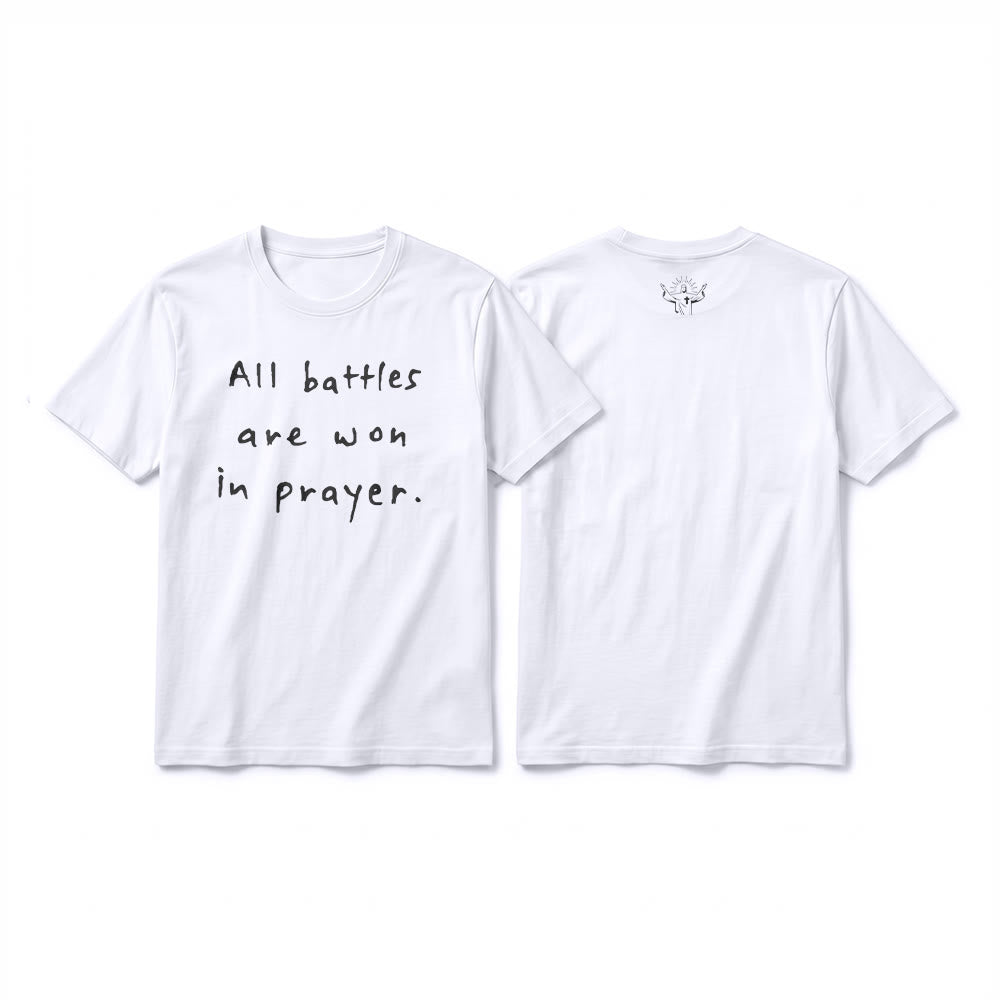 Christianartworkshop T-shirt premium à manches courtes « Toutes les batailles se gagnent par la prière » (affirmation de foi) - Blanc - 2XL - image 4