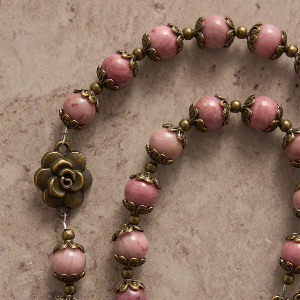 Christianartworkshop Chapelet en rhodochrosite naturelle orné de roses en bronze antique - image 5
