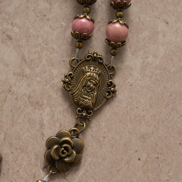 Christianartworkshop Chapelet en rhodochrosite naturelle orné de roses en bronze antique - image 6