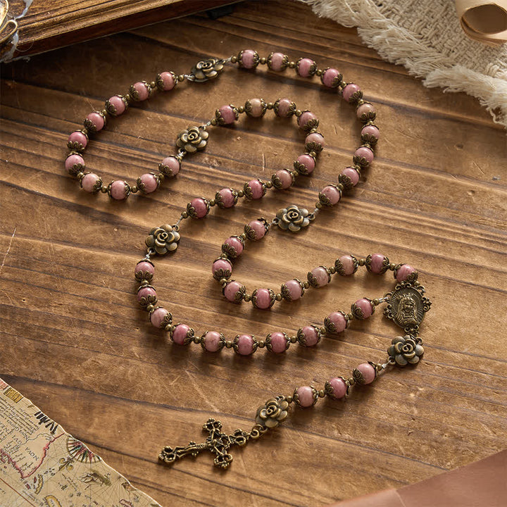 Christianartworkshop Chapelet en rhodochrosite naturelle orné de roses en bronze antique - image 3