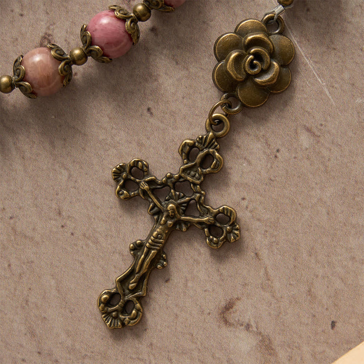 Christianartworkshop Chapelet en rhodochrosite naturelle orné de roses en bronze antique - image 7
