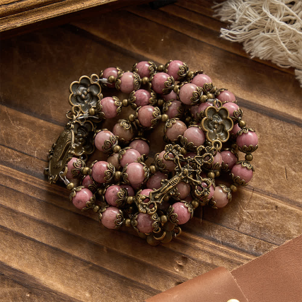 Christianartworkshop Chapelet en rhodochrosite naturelle orné de roses en bronze antique - image 2