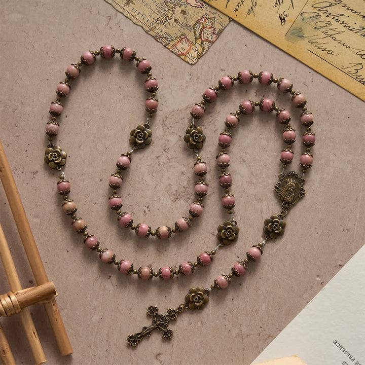 Christianartworkshop Chapelet en rhodochrosite naturelle orné de roses en bronze antique - image 4