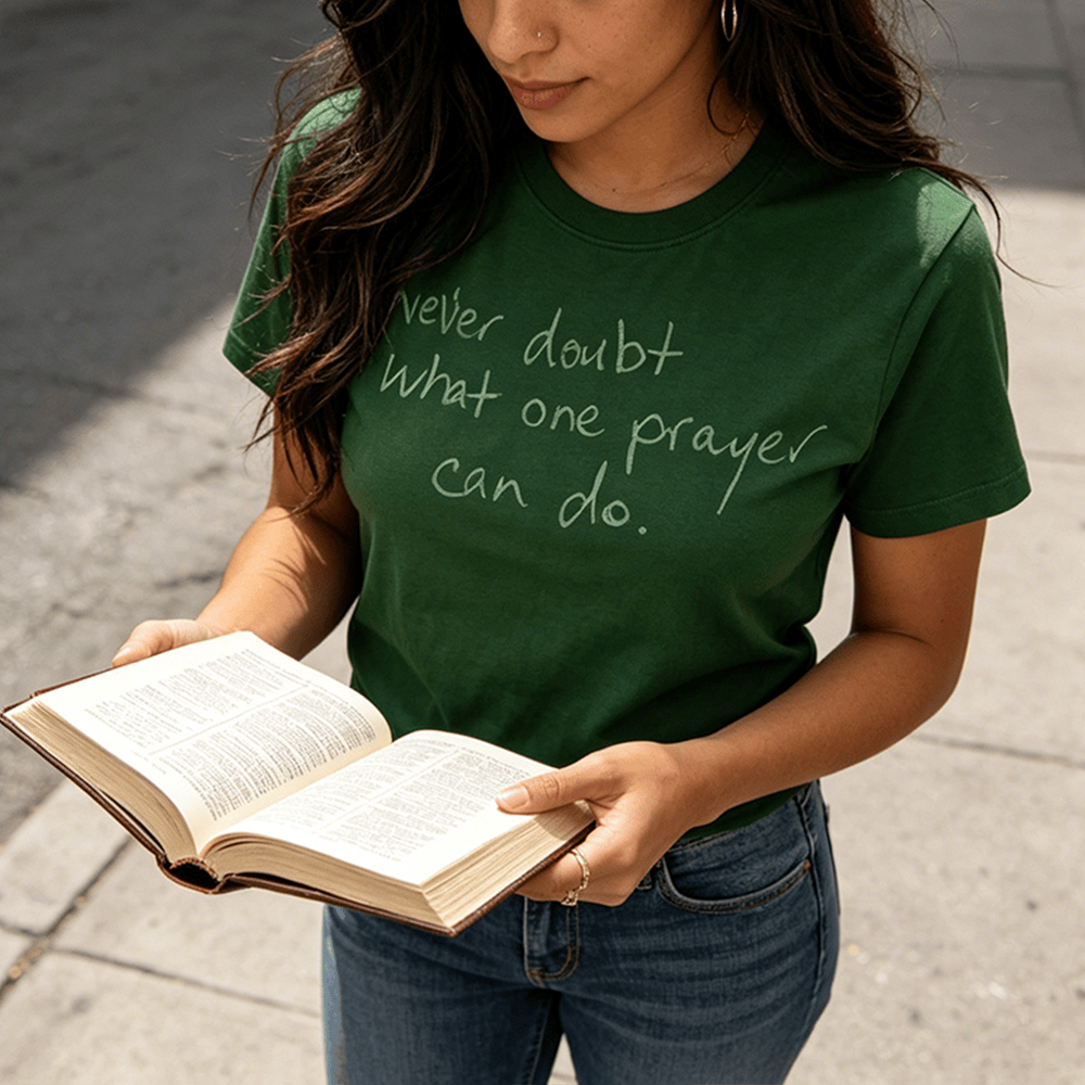 Christianartworkshop T-shirt premium à manches courtes « Ne doutez jamais du pouvoir d'une prière » - image 0