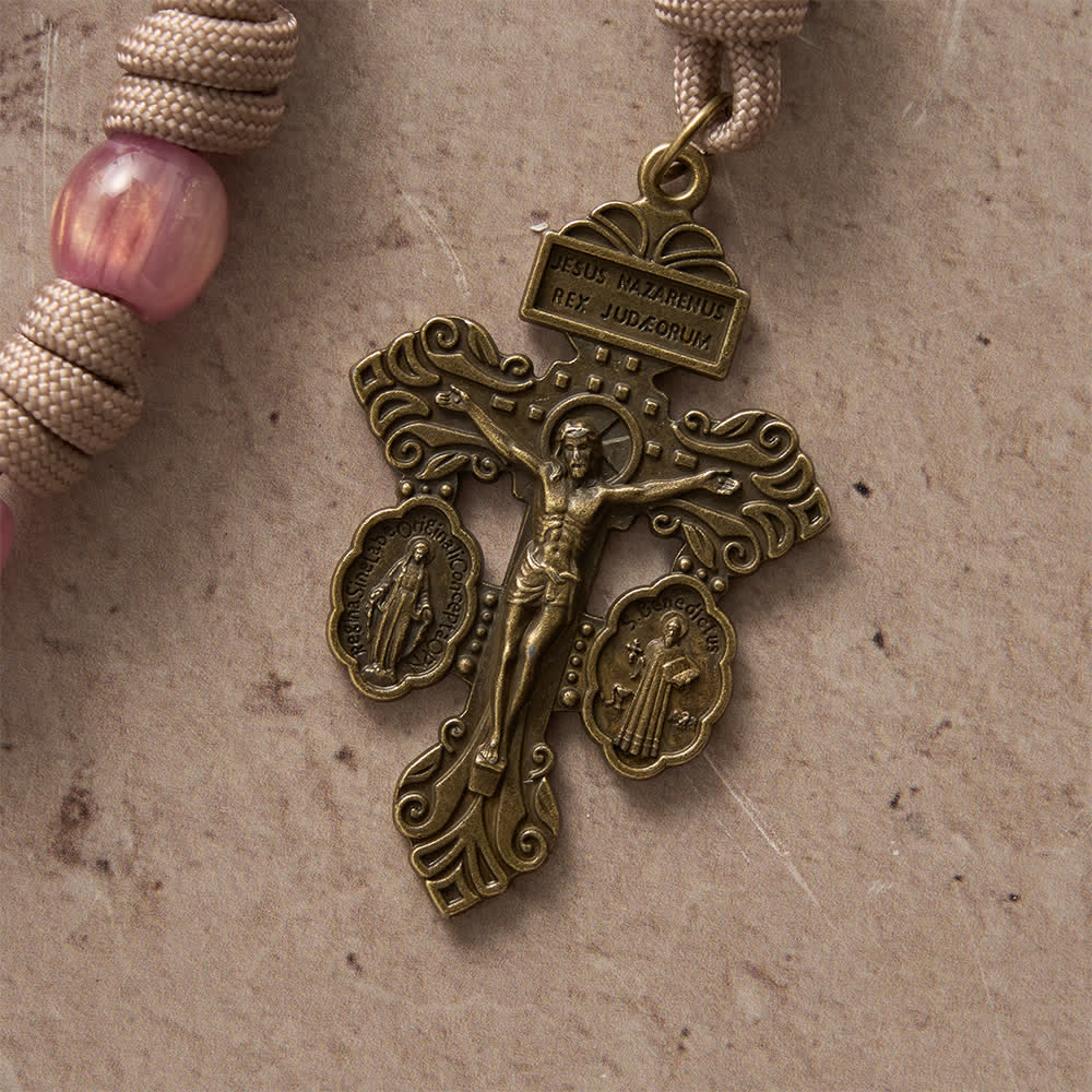 Christianartworkshop Chapelet en paracorde rose poudré avec saint Benoît en bronze antique - image 8