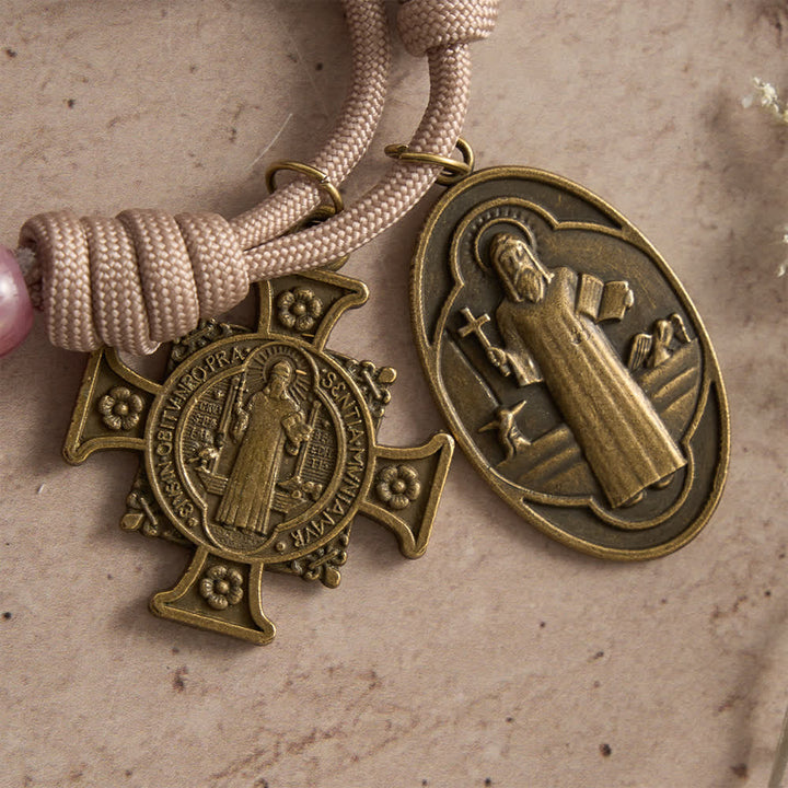 Christianartworkshop Chapelet en paracorde rose poudré avec saint Benoît en bronze antique - image 7