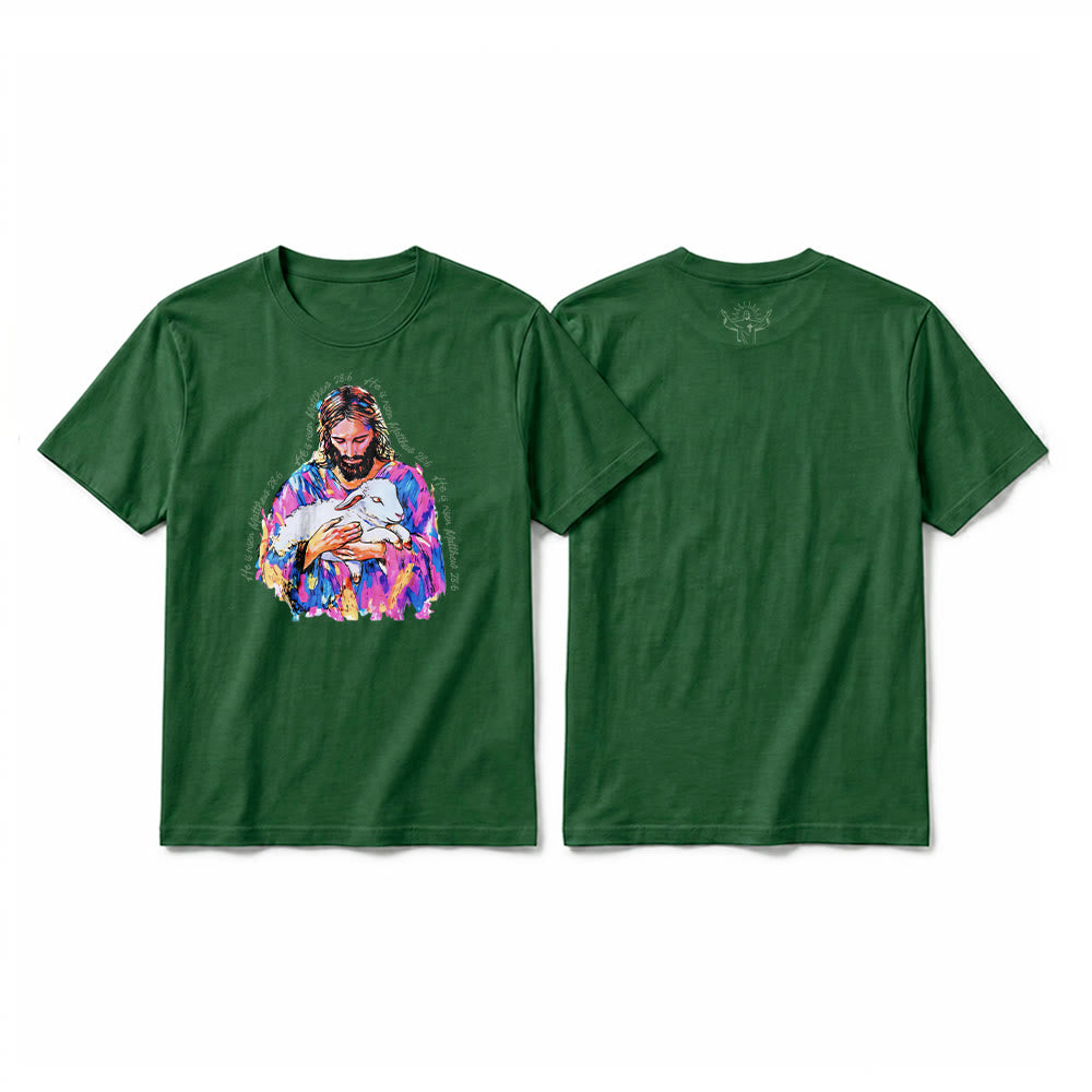 Christianartworkshop « Il est ressuscité » Matthieu 28:6 T-shirt premium à manches courtes Jésus et l'Agneau - Vert foncé - 2XL - image 4