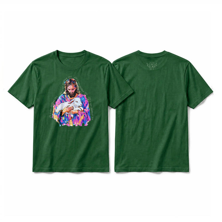 Christianartworkshop « Il est ressuscité » Matthieu 28:6 T-shirt premium à manches courtes Jésus et l'Agneau - Vert foncé - 2XL - image 4