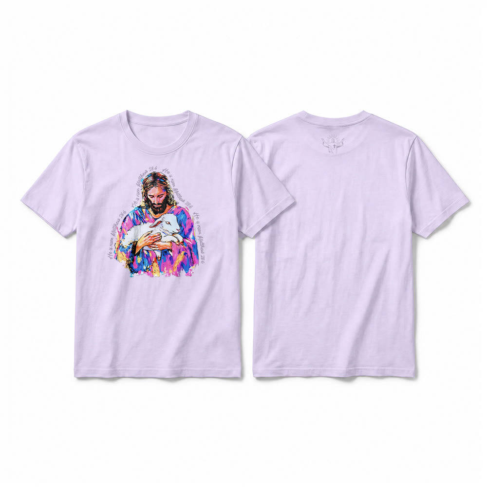 Christianartworkshop « Il est ressuscité » Matthieu 28:6 T-shirt premium à manches courtes Jésus et l'Agneau - Violet - 2XL - image 10